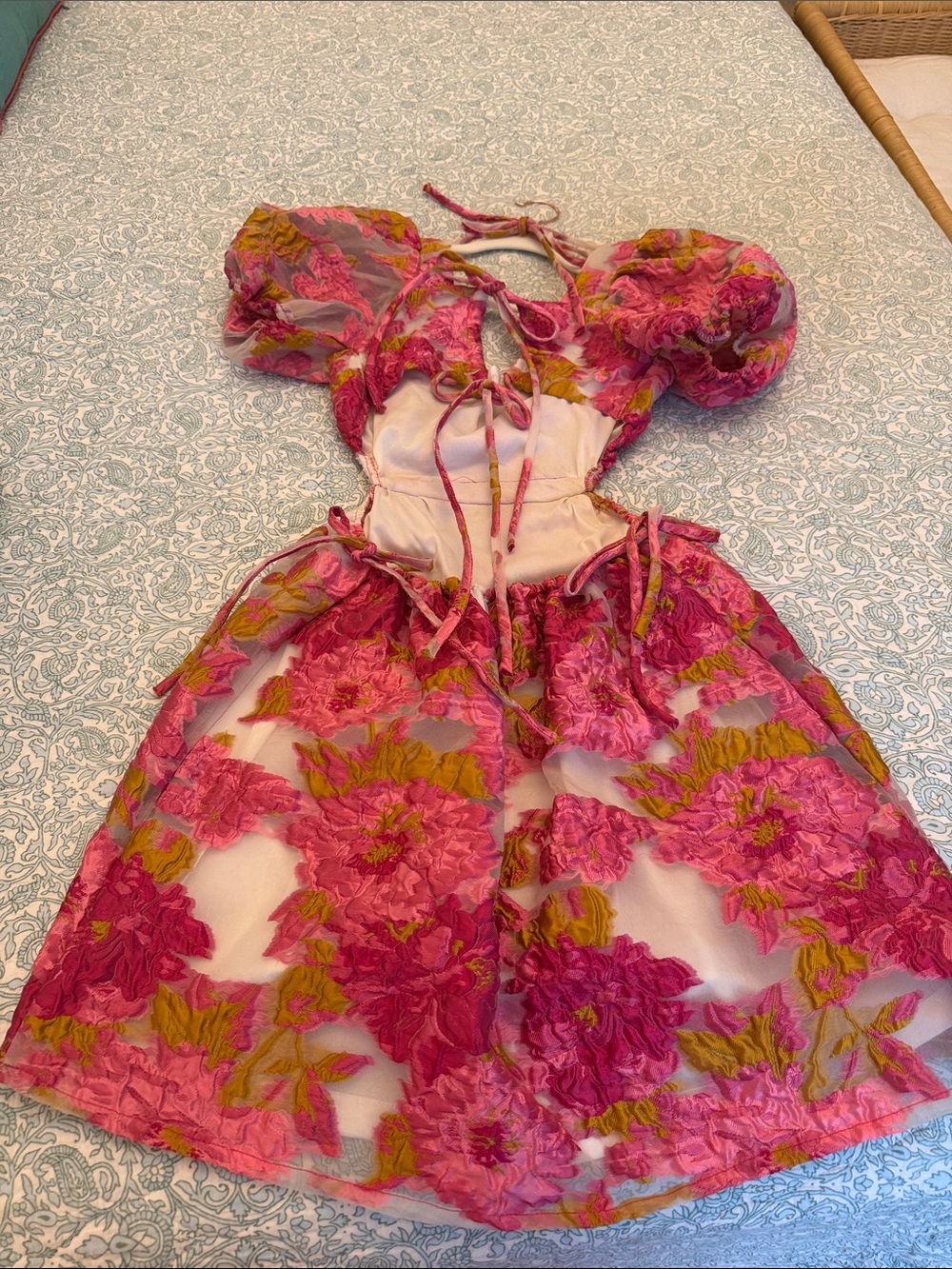 Hello Molly Pink Floral Jacquard Fabric Formal Dress US 6 M Puff Sleeves MINI - Picture 6 of 13